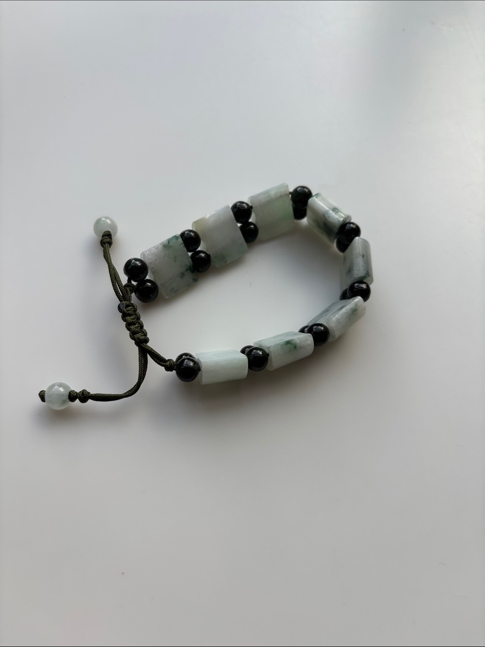 Jade and Black Bead Adjustable Bracelet - Handmade
